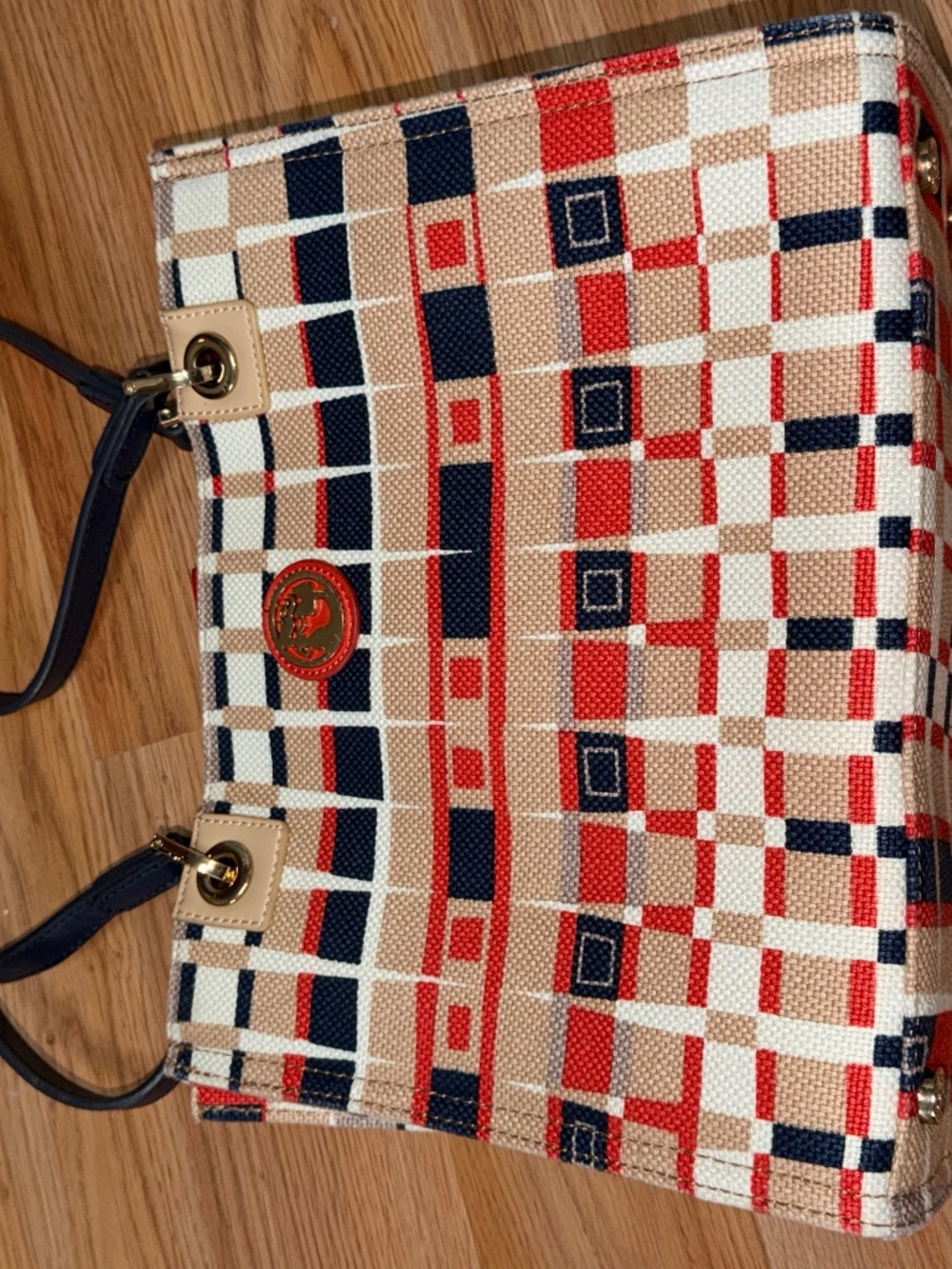 Spartina 449 Daufuskie Island Red Navy Tan Plaid Linen Shoulder Tote
